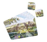 Placemats And Coasters Set of 4 Of Each With Wipe Clean Finish With Corked Back For Dinner & Dining Room Table (Donkey Farm)