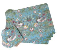 Placemats And Coasters Set of 4 Of Each With Wipe Clean Finish With Corked Back For Dinner & Dining Room Table (Strawberry Thief - Eggshell Blue)