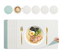 Placemats and Coasters Set of 6, Leather Place Mats Non-Slip Heat Resistant Dual Sided Placemats Waterproof Table Mat for Indoor Outdoor 43 x 30cm (Green+Beige)