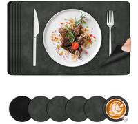 Placemats and Coasters Set of 6 - PU Faux Leather Heat Resistant Washable Table Mats - Non-Slip Waterproof Dual-Sided Place Mats for Kitchen Dining Outdoor Home Decoration - 44.5 x 30 cm (Grey Black)