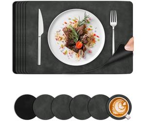 Placemats and Coasters Set of 6 - PU Faux Leather Heat Resistant Washable Table Mats - Non-Slip Waterproof Dual-Sided Place Mats for Kitchen Dining Outdoor Home Decoration - 44.5 x 30 cm (Grey Black)