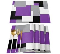 Placemats for Dining Table Set of 4, Abstract Art Patchwork Purple Black and Grey Kitchen Place Mats, Non-Slip Washable Table Mats, 13x19 in