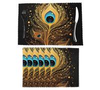 Placemats for Dining Table Set of 6 Heat Resistant Place Mats Wipeable Washable Table Mat Indoor/Outdoor Vinyl Placemat Peacock Feather Gold Design Kitchen Table Placemats 12 x 18 Inch