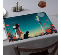 Placemats Girl In Floral Dress With Cat Under Crescent Moon Dining Place Mats Western Tablecloth Modern Farmhouse Decor(6PCS)