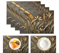 Placemats Golden Plant Leaves Retro Metal Relief Decor For Dining Room Kitchen Table,Waterproof Non-Slip Washable Heat Resistant Placemats,Set of 4,45x35cm