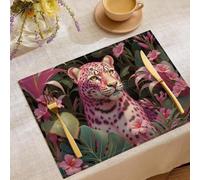 Placemats Pink Leopard Tropical Flowers Animals Decor For Dining Room Kitchen Table, Waterproof Non-Slip Washable Heat Resistant Placemats, Set of 6, 45x35cm