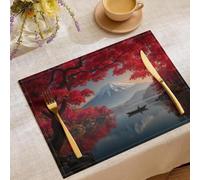 Placemats Red Maple Leaves Mount Fuji Japanese-Style Mountain Lake Scenery Decor For Dining Room Kitchen Table,Waterproof Non-Slip Washable Heat Resistant Placemats,Set of 6,45x35cm
