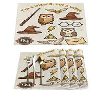 Placemats Set of 4, Washable Linen Place Mats 12x18 Inch Cloth Tables Mats for Party Kitchen Dining Table Decor(Magic Wand Owl)