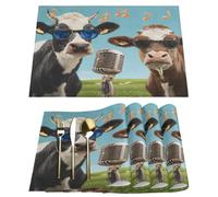 Placemats Set of 4, Washable Linen Place Mats 12x18 Inch Cloth Tables Mats for Party Kitchen Dining Table Decor(Cows Singing)