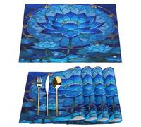 Placemats Set of 4, Washable Linen Place Mats 12x18 Inch Cloth Tables Mats for Party Kitchen Dining Table Decor(Blue Glass Lotus)