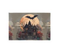 Placemats Set of 6 12x18in YYHHAOFA Bats and Haunted Houses Prints - Thick, Sturdy, for Dining, Kitchen, Hotel, Home, and Banquet Decorations