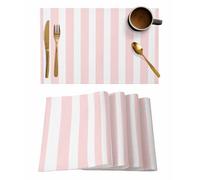 Placemats Set of 6, Cotton Linen Heat Resistant Table Mats Non-Slip Washable Pink Striped Placemat for Holiday Banquet Dining Kitchen Table Decor