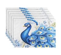 Placemats set of 6 Dining Table Mats Blue Peacock Flower Feather Bird Heat Resistant Non-Slip Washable Place Mats for Kitchen, 30 x 45cm