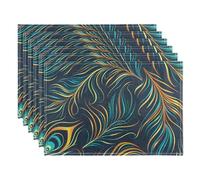 Placemats set of 6 Dining Table Mats Peacock Feather Green Heat Resistant Non-Slip Washable Place Mats for Kitchen, 30 x 45cm
