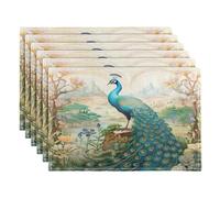 Placemats set of 6 Dining Table Mats Peacock Green Feather Boho Heat Resistant Non-Slip Washable Place Mats for Kitchen, 30 x 45cm