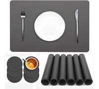 Placemats Set of 6, Faux Leather Place Mats with Coasters, Waterproof, Stain Resistant, Heat Resistant, Easy to Clean PU Table Mats for Dining Table and Decor (Dark Gray)