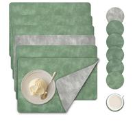 Placemats Set of 6 Faux Leather - Reversible Green Grey Table Mats with Coasters - Waterproof, Wipeable, Heat Resistant PU - Rectangular 30 x 20cm Dual Sided