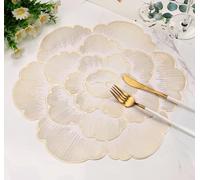 Placemats Set of 6, Gold Round Placemats for Dining Table Pressed Vinyl Metallic Flower Table Mats Washable and Wipeable Place Mats for Wedding Party Kitchen Decorations