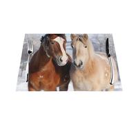 Placemats Set of 6 PCS Heat Resistant Non-Slip Place Mats for Dining Table Two horses standing in the snow Placemats Wipeable Washable PVC Weave Table Mats for Party Kitchen Dining Decor 45 x 30 cm