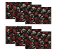 Placemats Set of 6,Skull Washable Table Mats for Dining or Coffee Table,Rose Red Heat Resistant Non-Slip Place Mats for Home Party 12"x18"