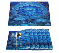 Placemats Set of 6, Washable Linen Place Mats 12x18 Inch Cloth Tables Mats for Party Kitchen Dining Table Decor(Blue Glass Lotus)