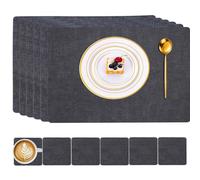 Placemats Set of 6 with Coasters, Heat-Resistant Placemat, 100% Waterproof Oilproof Wipeable Faux Leather Table Mats, PU Dual-Sided Desk Mats for Dining, Kitchen, Restaurant 43x30CM-Dark Gray