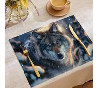 Placemats Set of 8 for Dining Table,Cotton Linen Snow Forest Print Dining Decor for Daily Use, Animals Wolf Place Mats Heat Resistant Non-Slip Table Mats, 12x18 Inches