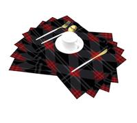 Placemats Set of x4, Black Red Tartan Wipeable Woven Placemats, Non-slip Heat Resistant Table Mats for Dinning Kitchen Decor