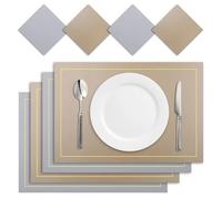 Placemats Set ,Place Mats Set Of 4/8 Faux Leather Placemats Waterproof Heat Resistant Rectangular PU Place Mats For Christmas Dining Tableware Pads Set(Gold and Gray,8xPlacemat 8xCoaster)