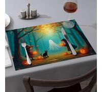 Placemats Two Children In Halloween Costumes Meet A Ghost In A Forest Dining Place Mats Western Tablecloth Modern Farmhouse Decor(1PCS)