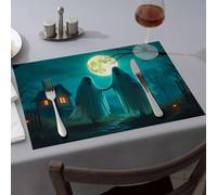 Placemats Two Ghosts Holding Hands Under A Full Moon Dining Place Mats Modern Farmhouse Decor Modern Farmhouse Decor(4PCS)