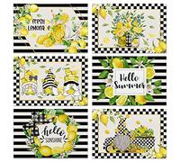 Placemats with Lemon Design, Summer Table Mats, Yellow, Lemonade, Gnomes, Jute, Lemon, 12x18 inch, for Kitchen, Dining Room, Farmhouse, Summer Decoration, Fall Decoration, Set of 6