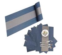 Placemats with Table Runner Set Place Mats, Woven Crossweave Placemat Vinyl Kitchen Tablemat, Washable PVC Table Mats for Dining Table, Parties, Farmhouse, Thanksgiving, Christmas & Gathering (Blue C)