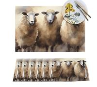 Placemats Woven Placemat for Kitchen 6 PCS Heat Resistant Place Mats Sheeps Watercolor Place Mat Home Decor Washable PVC Table Protection Mats for Holiday Party