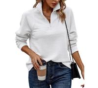 Placitiume Quarter-Zip Pullover Tunic for Women Ribbed Quilted V-Neck Long Sleeve Oversized Fall & Winter Top (White,XL)