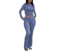 Placitiume Women’s 2 Piece Lounge Sets Fold Over Flare Leggings and Long Sleeve Crop Top Casual Y2K Matching Outfit (Haze blue,M)