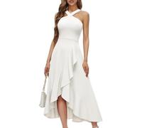 Placitiume Women’s Halter Ruffled Maxi Dress Cocktail Prom Formal Wedding Bridesmaid Hi-Lo Evening Dress 2025 (White,XL)