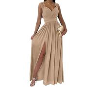 Placitiume Women's 2024 Maxi Dresses - Wrap V-Neck Ruched Formal Bridesmaid & Wedding Guest Gown (Beige,M,M,Regular,Regular)