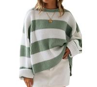 Placitiume Women's Fall 2025 Striped Color Block Sweater Loose Fit Crew Neck Long Sleeve Knit Pullover (green,M,M,Regular,Regular)