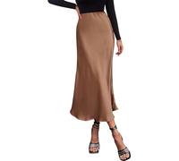 Placitiume Women's Summer Casual Midi Satin Skirt with High Waist, A-Line Flowy Design, and Elegant Ruffle for Formal Events and Cocktail Parties (Coffee,Medium,M,Regular,Regular)