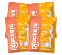 Plackers Orthopick Floss Picks, Unflavored, Designed for Braces, Fold-Out FlipPick, Tuffloss, Easy Storage with Sure-Zip Seal, 36 Count (4 Pack)