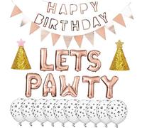 PLAFOPE 24Pcs Pet Dog Birthday Party Decorations Set with 16-Inch Rose Gold Balloons, Silver Star Birthday Hats, Dog Paw Balloons and Banner for Home Celebration