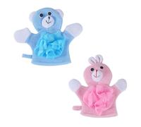PLAFOPE 2pcs Cartoon Children Bath Scrubber Towels with Foaming Bath Ball, Soft Exfoliating Body Skin Scrubbing Tool for Baby, Home Use, Pink Rabbit and Blue Bear Set