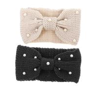 PLAFOPE 2pcs Knitted Bowknot Hair Bands with Pearls Warm Soft Headbands for Women Delicate Stylish Winter Accessories Comfortable Material Beige Dark Gray Colors