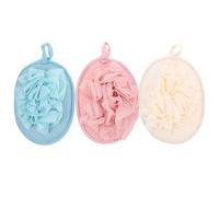 PLAFOPE 3Pcs Bath Scrubbing Towel Set with Bath Ball Exfoliating Mesh Brush Soft Bathing Accessories for Home and Travel Use, Includes Floral Patterned Hand Towels in Beige, Pink, and Blue