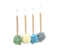 PLAFOPE 4Pcs Long Handle Bath Brush Set Back Scrubber Shower Balls for Exfoliating and Deep Cleaning, Wooden Handle Bathing Accessories in White, Grey, Green, Blue for Body Care
