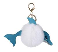 PLAFOPE 4Pcs Small PU Leather Dolphin Hairball Keychains, Creative Key Holder Bag and Car Pendant Set for Women, Blue and White Stylish Key Rings Decoration