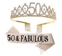 PLAFOPE Birthday Party Sash Crown Set 50th Birthday Queen's Gold Set Stylish Lettering for Photos
