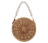 PLAFOPE Fashionable round Straw Cross Body Bag for Woman with Pearl Shoulder Strap, Easy to Access and Protect the Safety of Goods, for Shopping and Beach Use