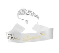 PLAFOPE Graduation Party Decorations Prom Queen Headband and Sash Set White Rhinestone Crown and Elegant Satin Sash for Weddings Proms and Special Occasions